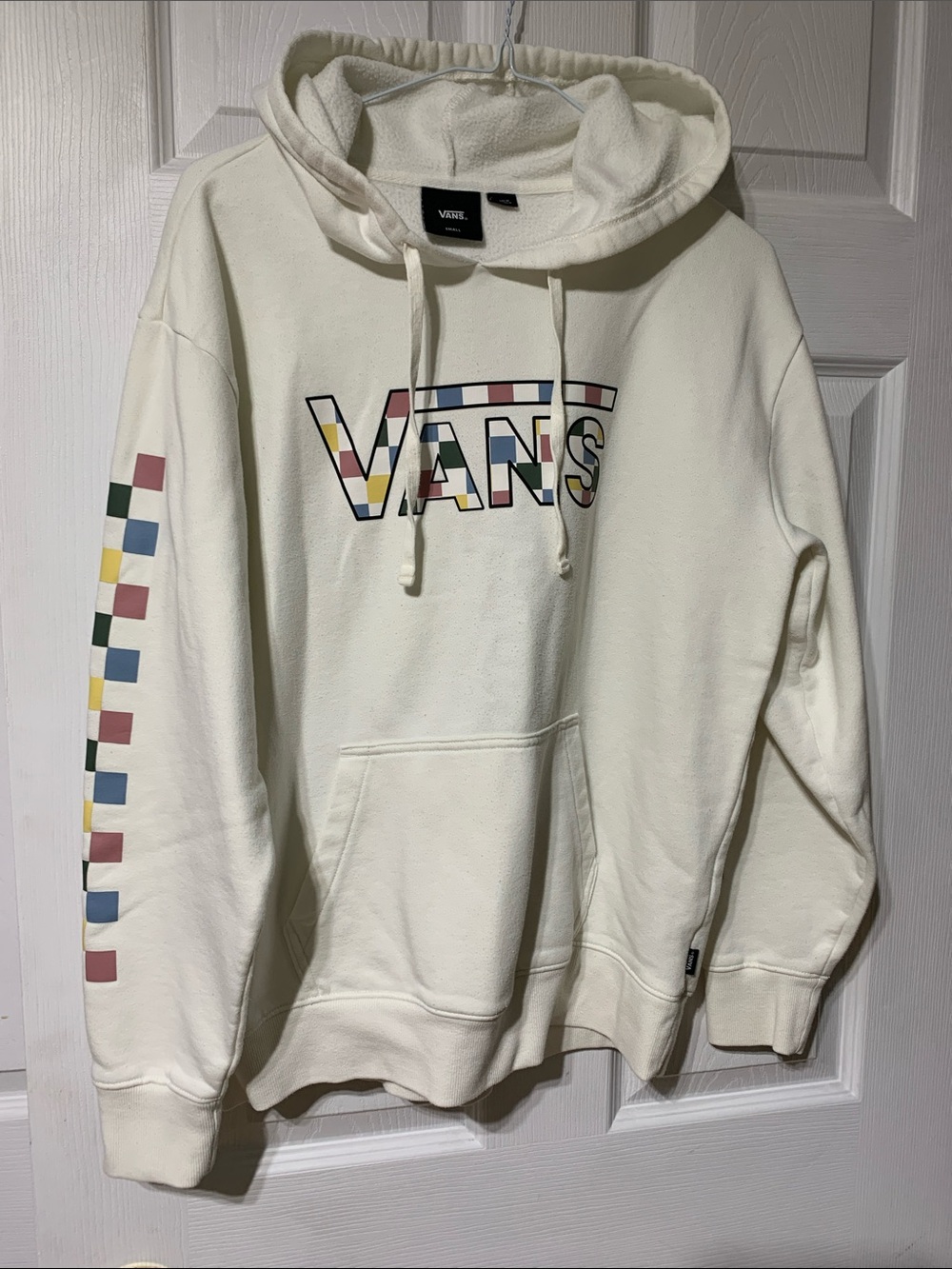 Vans Cream Crewneck Hoodie with Multicolor Checker Logo